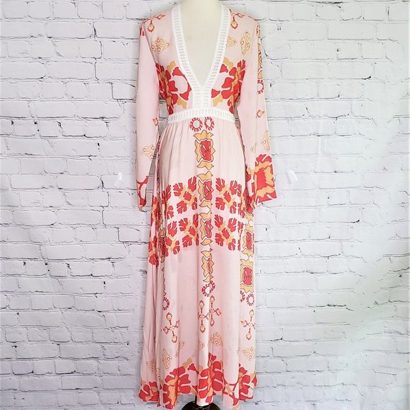 NWT Cage Trimmed Boho Beige Red Gold Maxi Dress - Picture 4 of 9